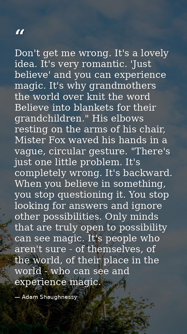 Don't get me wrong. It's a lovely idea. It's very romantic. 'Just believe' and you can experience magic. It's why grandm — Adam Shaughnessy