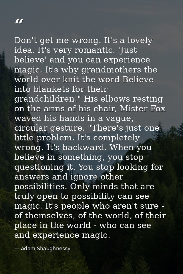 Don't get me wrong. It's a lovely idea. It's very romantic. 'Just believe' and you can experience magic. It's why grandm — Adam Shaughnessy