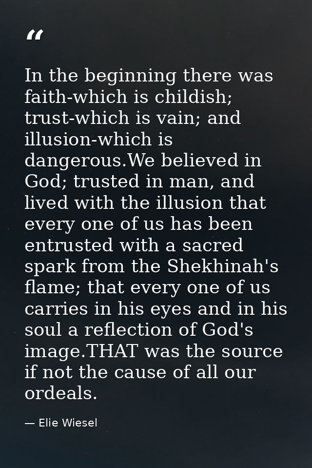 In the beginning there was faith-which is childish; trust-which is vain; and illusion-which is dangerous.We believed in  — Elie Wiesel