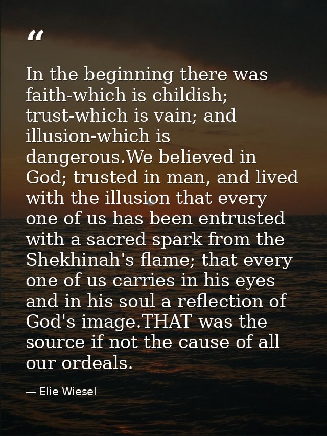 In the beginning there was faith-which is childish; trust-which is vain; and illusion-which is dangerous.We believed in  — Elie Wiesel