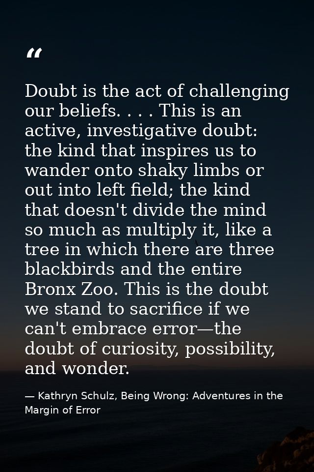 Doubt is the act of challenging our beliefs. . . . This is an active, investigative doubt: the kind that inspires us to  — Kathryn Schulz, Being Wrong: Adventures in the Margin of Error