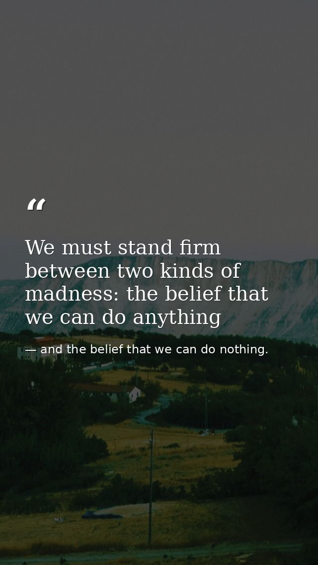 We must stand firm between two kinds of madness: the belief that we can do anything — and the belief that we can do nothing.