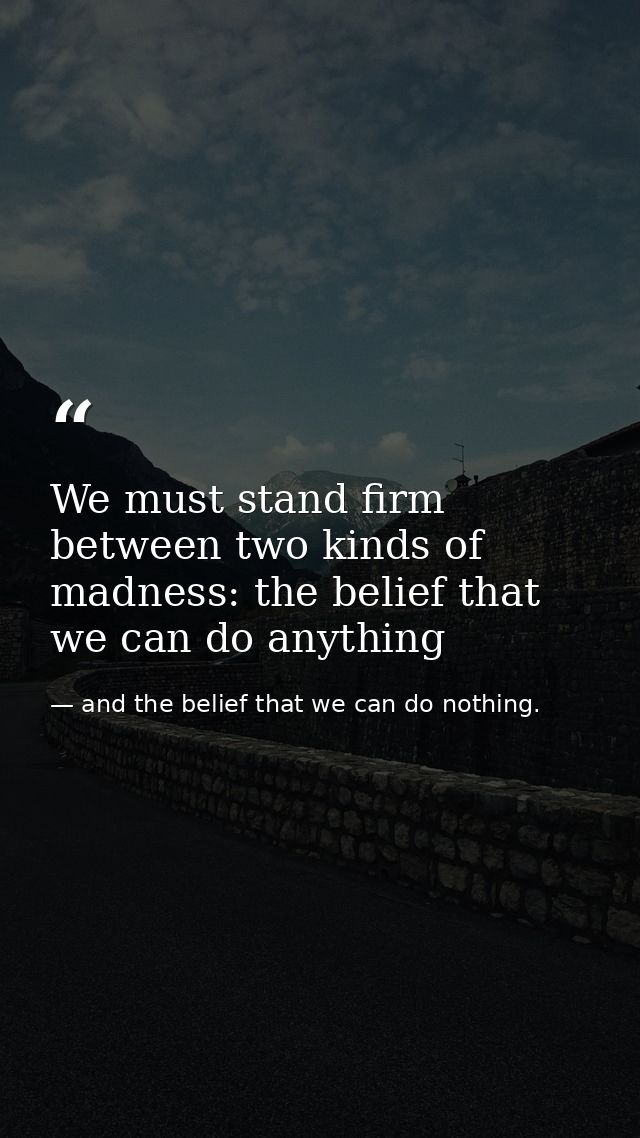 We must stand firm between two kinds of madness: the belief that we can do anything — and the belief that we can do nothing.