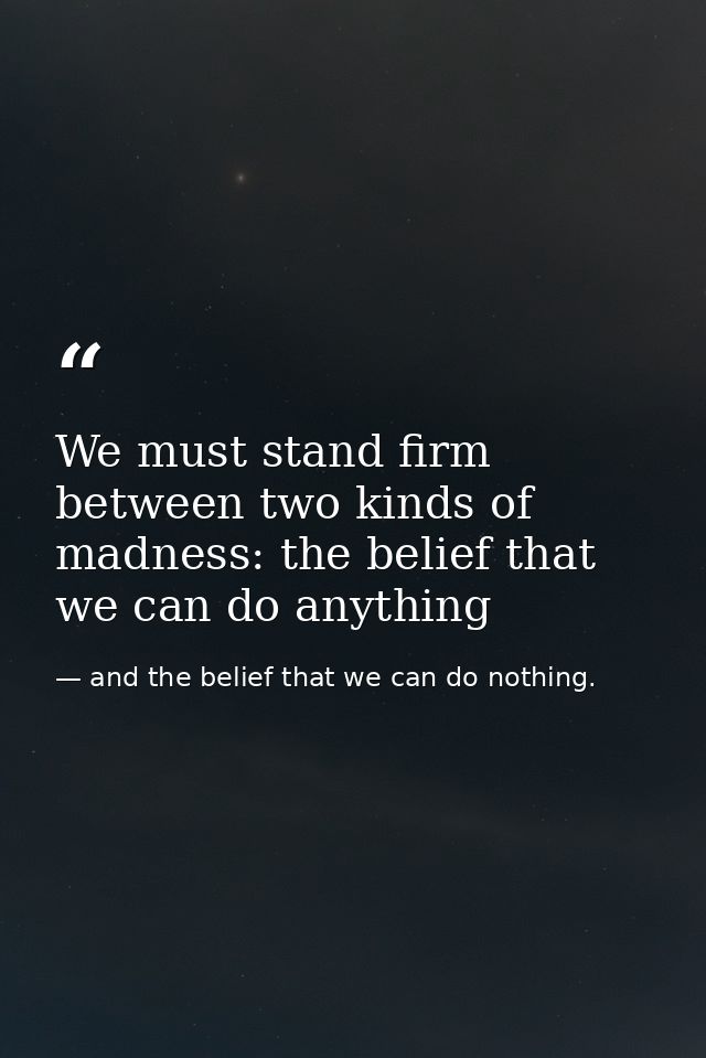 We must stand firm between two kinds of madness: the belief that we can do anything — and the belief that we can do nothing.