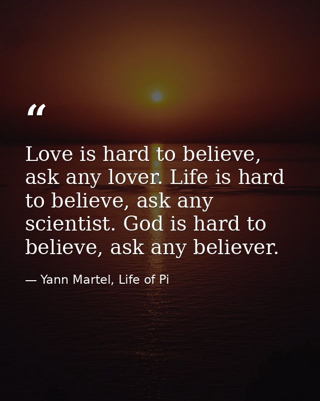 Love is hard to believe, ask any lover. Life is hard to believe, ask any scientist. God is hard to believe, ask any beli — Yann Martel, Life of Pi