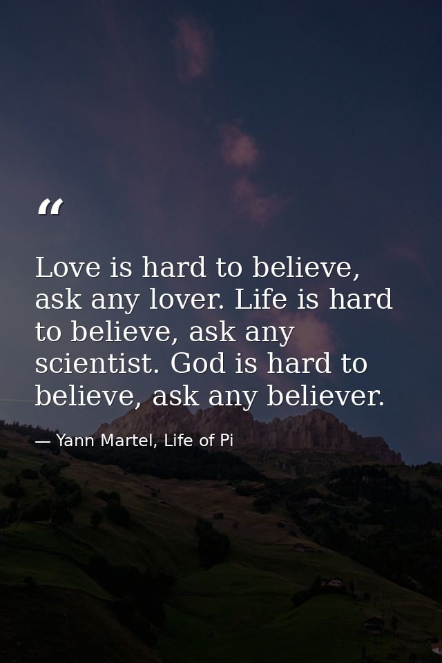 Love is hard to believe, ask any lover. Life is hard to believe, ask any scientist. God is hard to believe, ask any beli — Yann Martel, Life of Pi