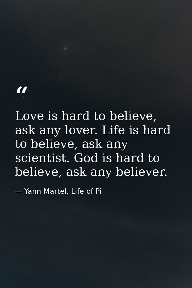 Love is hard to believe, ask any lover. Life is hard to believe, ask any scientist. God is hard to believe, ask any beli — Yann Martel, Life of Pi