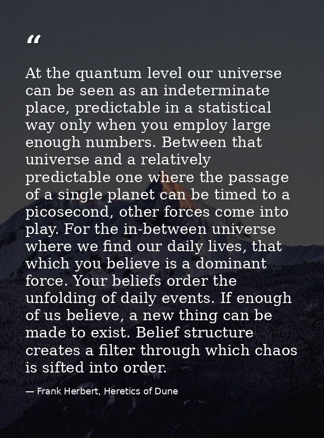 At the quantum level our universe can be seen as an indeterminate place, predictable in a statistical way only when you  — Frank Herbert, Heretics of Dune