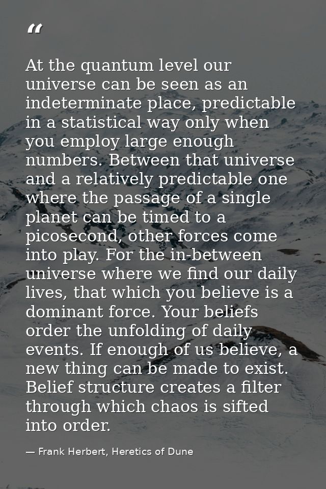 At the quantum level our universe can be seen as an indeterminate place, predictable in a statistical way only when you  — Frank Herbert, Heretics of Dune