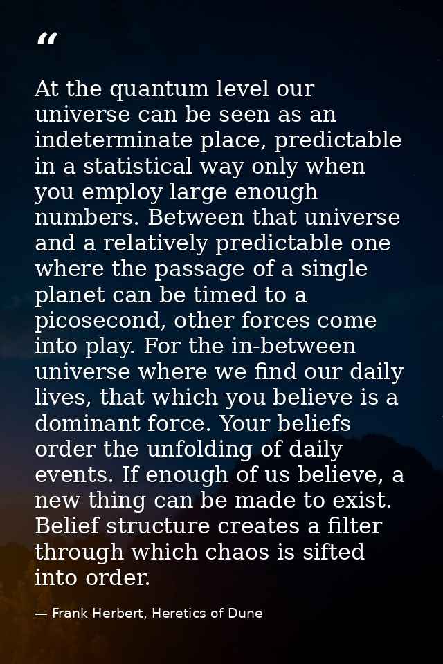 At the quantum level our universe can be seen as an indeterminate place, predictable in a statistical way only when you  — Frank Herbert, Heretics of Dune