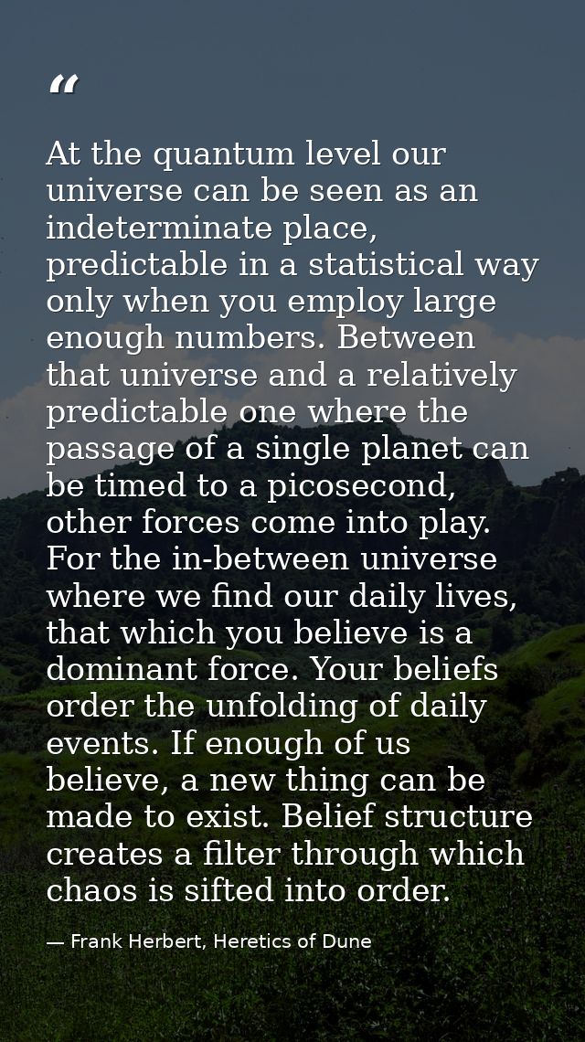 At the quantum level our universe can be seen as an indeterminate place, predictable in a statistical way only when you  — Frank Herbert, Heretics of Dune