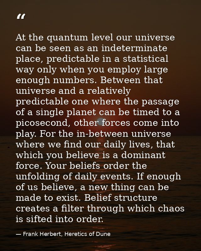 At the quantum level our universe can be seen as an indeterminate place, predictable in a statistical way only when you  — Frank Herbert, Heretics of Dune