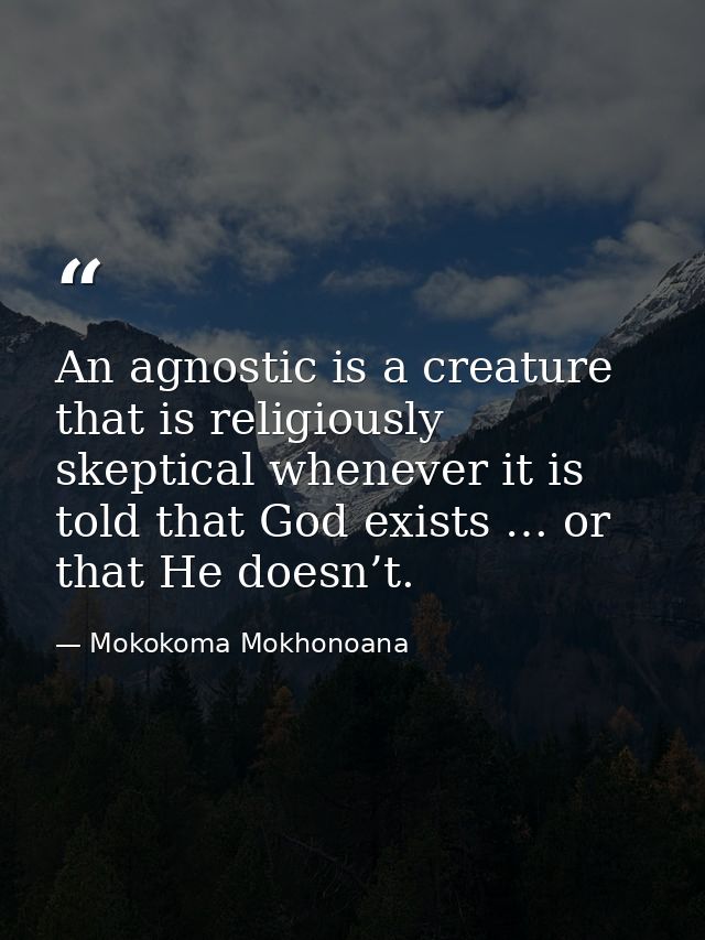 An agnostic is a creature that is religiously skeptical whenever it is told that God exists … or that He doesn’t. — Mokokoma Mokhonoana