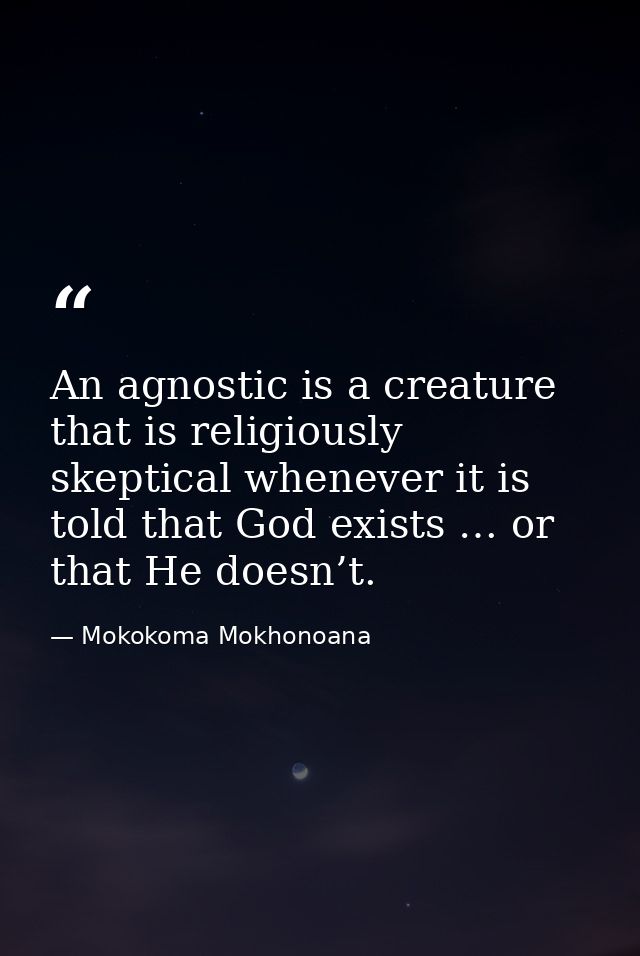 An agnostic is a creature that is religiously skeptical whenever it is told that God exists … or that He doesn’t. — Mokokoma Mokhonoana