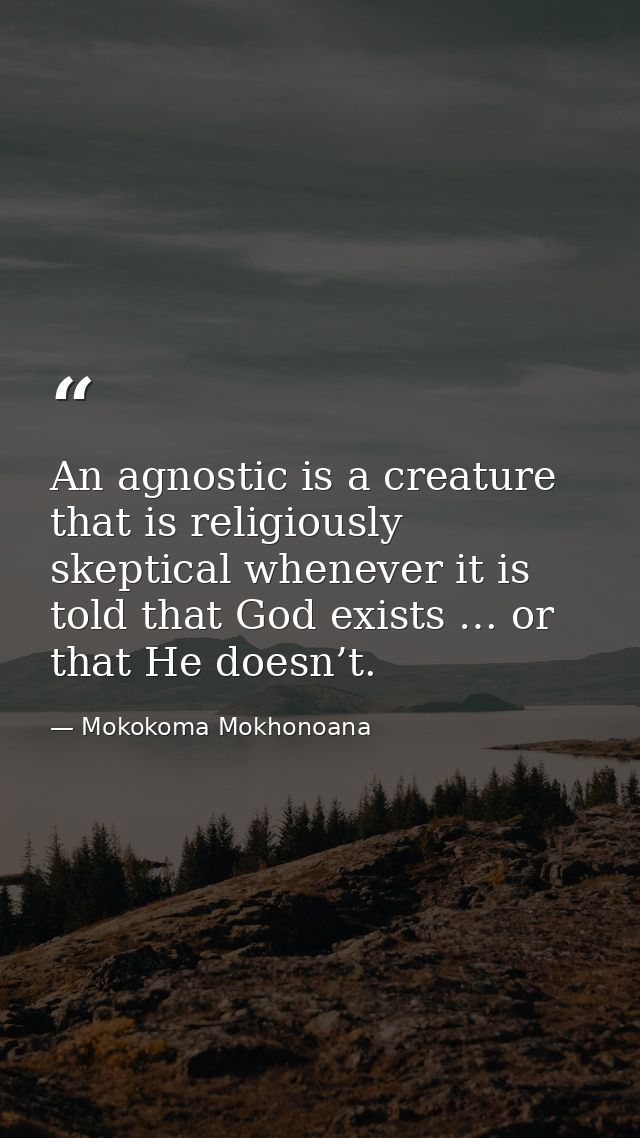 An agnostic is a creature that is religiously skeptical whenever it is told that God exists … or that He doesn’t. — Mokokoma Mokhonoana