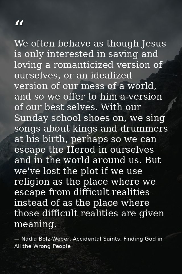 We often behave as though Jesus is only interested in saving and loving a romanticized version of ourselves, or an ideal — Nadia Bolz-Weber, Accidental Saints: Finding God in All the Wrong People