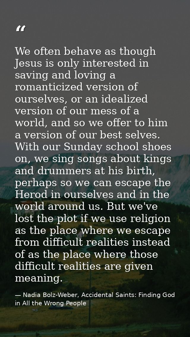 We often behave as though Jesus is only interested in saving and loving a romanticized version of ourselves, or an ideal — Nadia Bolz-Weber, Accidental Saints: Finding God in All the Wrong People
