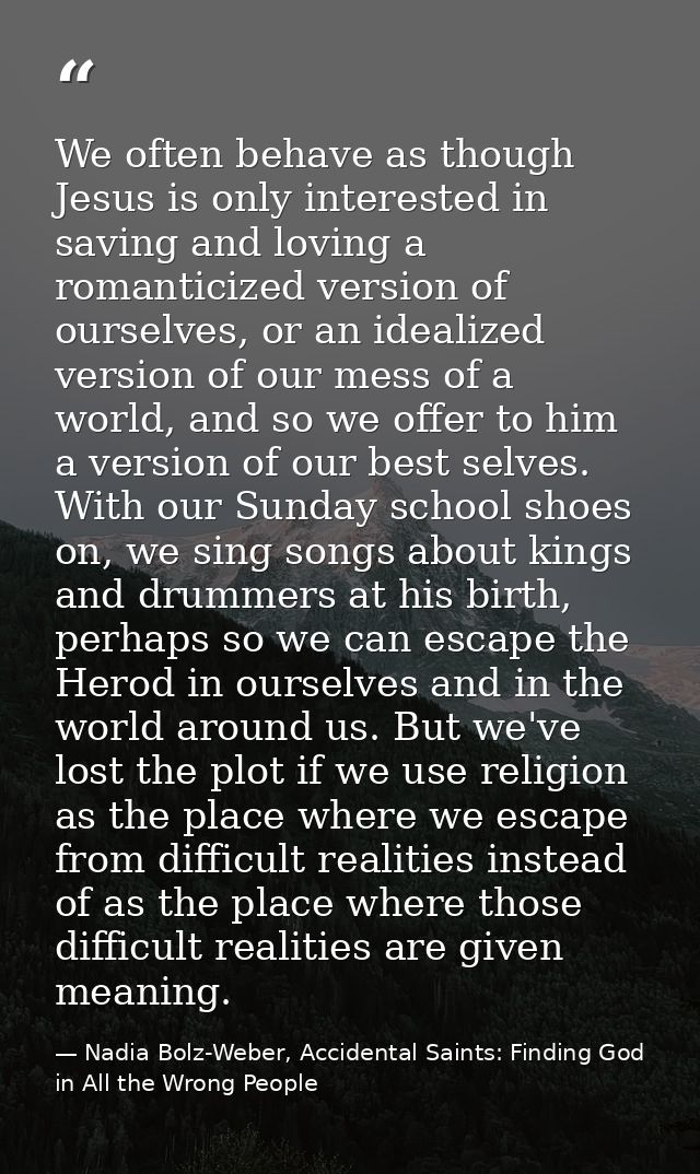 We often behave as though Jesus is only interested in saving and loving a romanticized version of ourselves, or an ideal — Nadia Bolz-Weber, Accidental Saints: Finding God in All the Wrong People