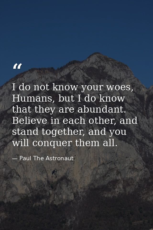 I do not know your woes, Humans, but I do know that they are abundant. Believe in each other, and stand together, and yo — Paul The Astronaut