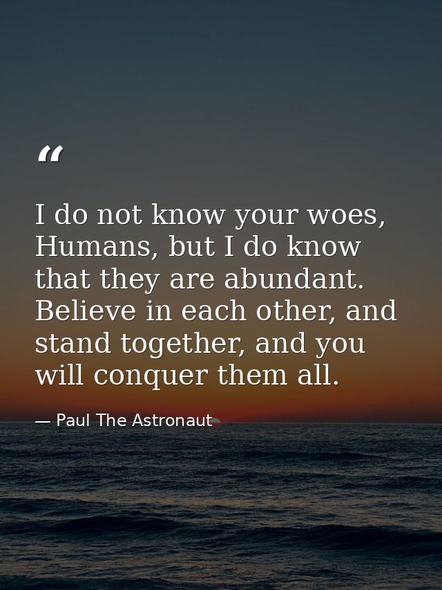 I do not know your woes, Humans, but I do know that they are abundant. Believe in each other, and stand together, and yo — Paul The Astronaut