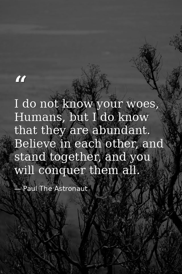 I do not know your woes, Humans, but I do know that they are abundant. Believe in each other, and stand together, and yo — Paul The Astronaut
