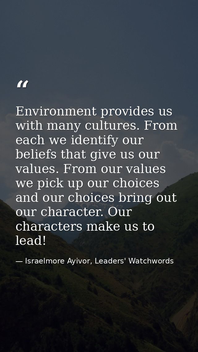 Environment provides us with many cultures. From each we identify our beliefs that give us our values. From our values w — Israelmore Ayivor, Leaders' Watchwords