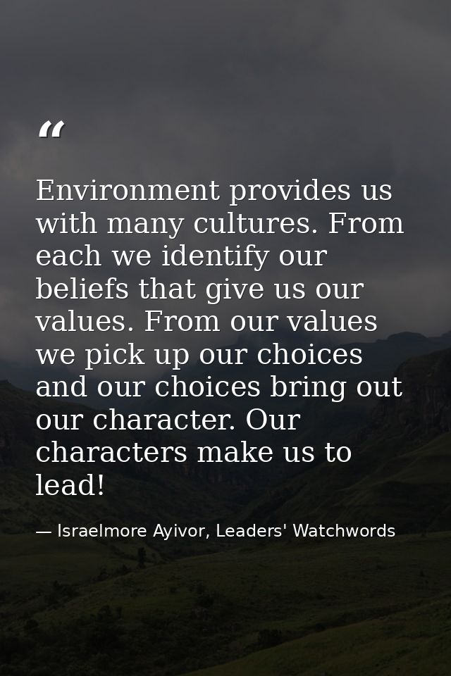 Environment provides us with many cultures. From each we identify our beliefs that give us our values. From our values w — Israelmore Ayivor, Leaders' Watchwords