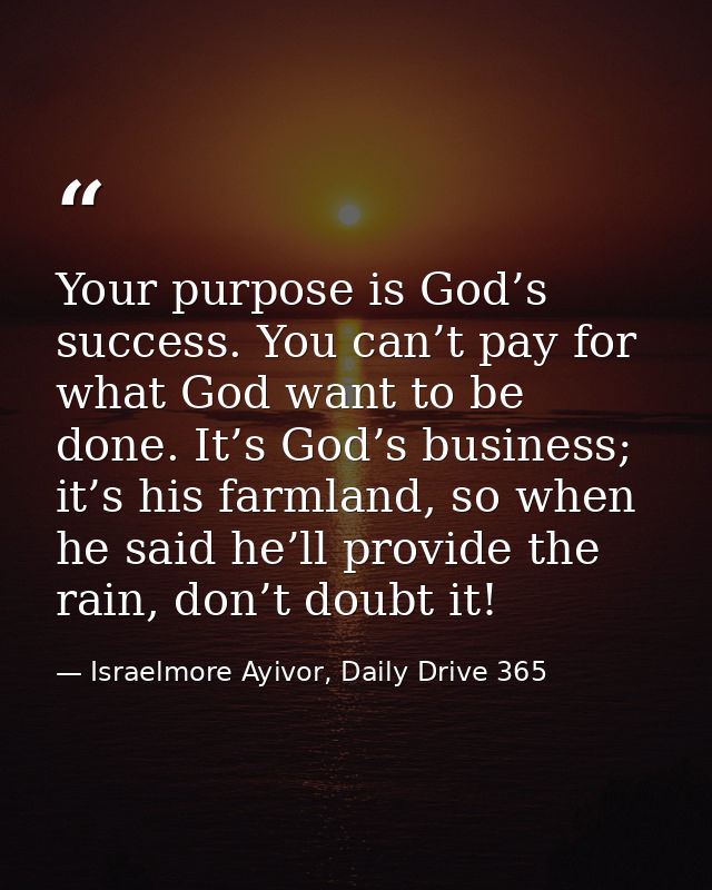 Your purpose is God’s success. You can’t pay for what God want to be done. It’s God’s business; it’s his farmland, so wh — Israelmore Ayivor, Daily Drive 365