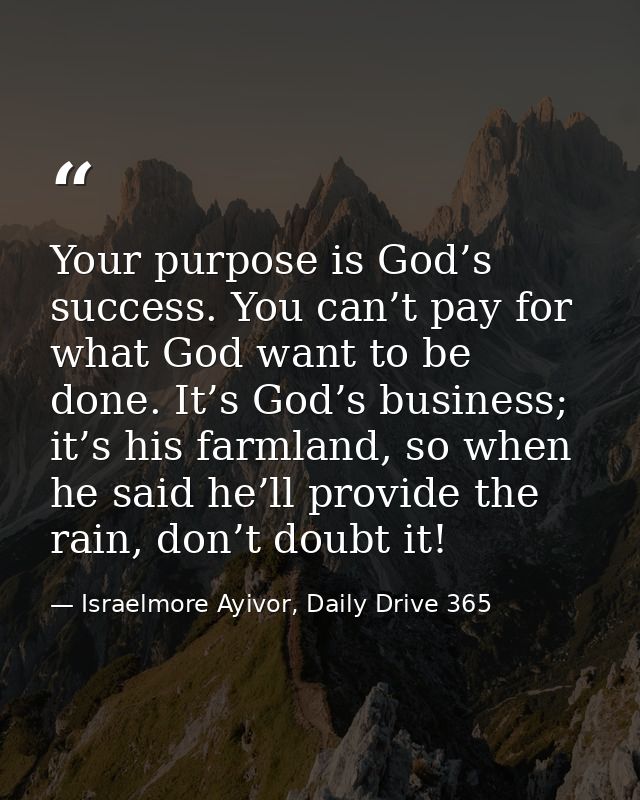 Your purpose is God’s success. You can’t pay for what God want to be done. It’s God’s business; it’s his farmland, so wh — Israelmore Ayivor, Daily Drive 365