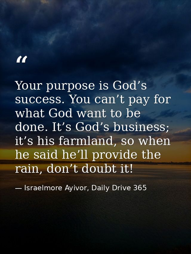 Your purpose is God’s success. You can’t pay for what God want to be done. It’s God’s business; it’s his farmland, so wh — Israelmore Ayivor, Daily Drive 365