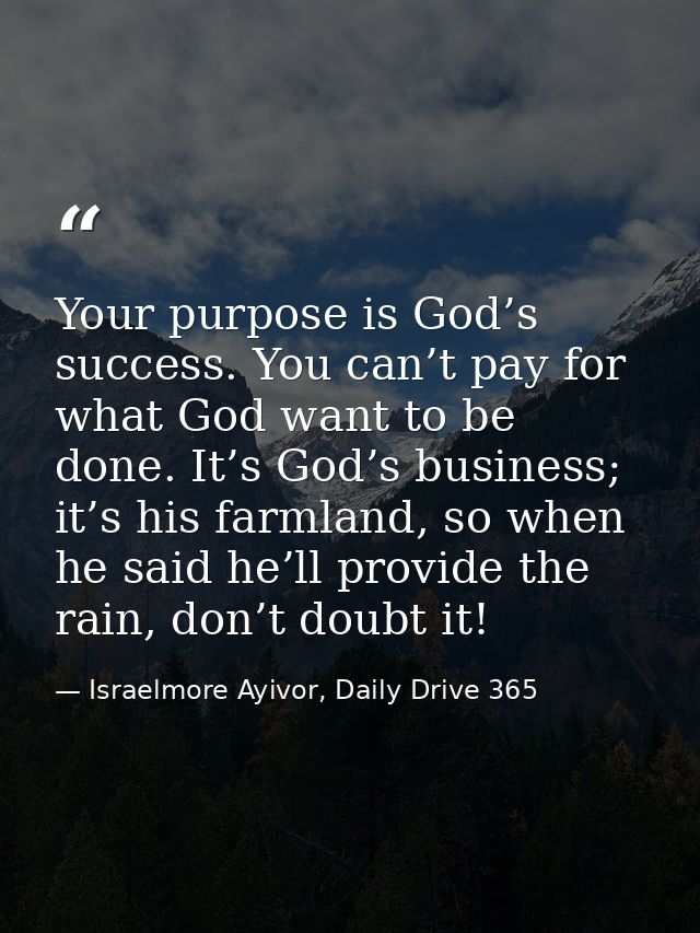Your purpose is God’s success. You can’t pay for what God want to be done. It’s God’s business; it’s his farmland, so wh — Israelmore Ayivor, Daily Drive 365