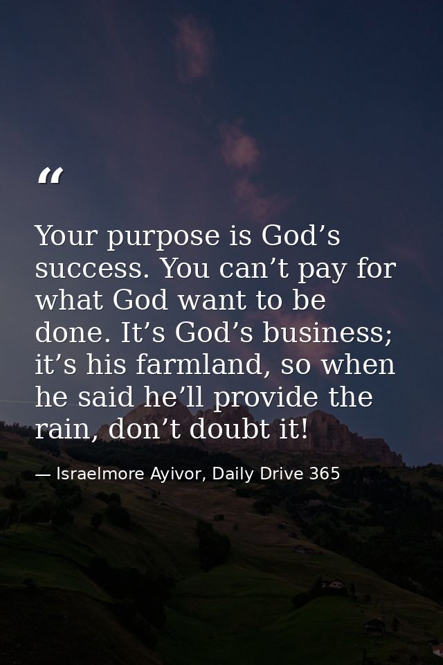 Your purpose is God’s success. You can’t pay for what God want to be done. It’s God’s business; it’s his farmland, so wh — Israelmore Ayivor, Daily Drive 365