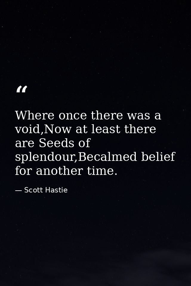Where once there was a void,Now at least there are Seeds of splendour,Becalmed belief for another time. — Scott Hastie
