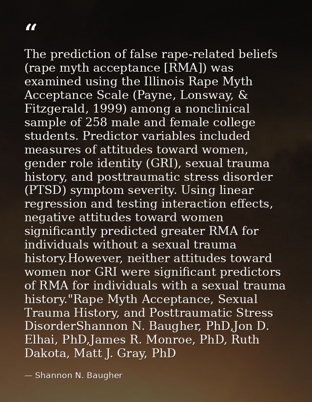 The prediction of false rape-related beliefs (rape myth acceptance [RMA]) was examined using the Illinois Rape Myth Acce — Shannon N. Baugher
