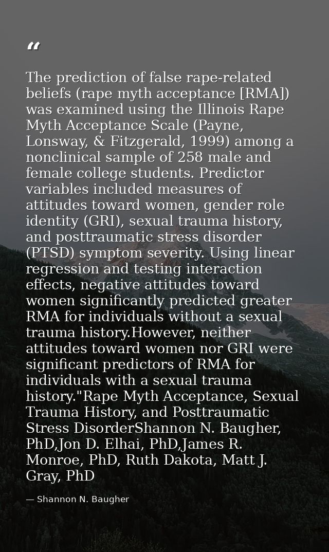 The prediction of false rape-related beliefs (rape myth acceptance [RMA]) was examined using the Illinois Rape Myth Acce — Shannon N. Baugher