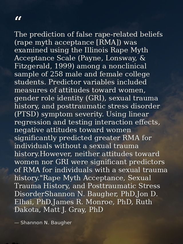 The prediction of false rape-related beliefs (rape myth acceptance [RMA]) was examined using the Illinois Rape Myth Acce — Shannon N. Baugher