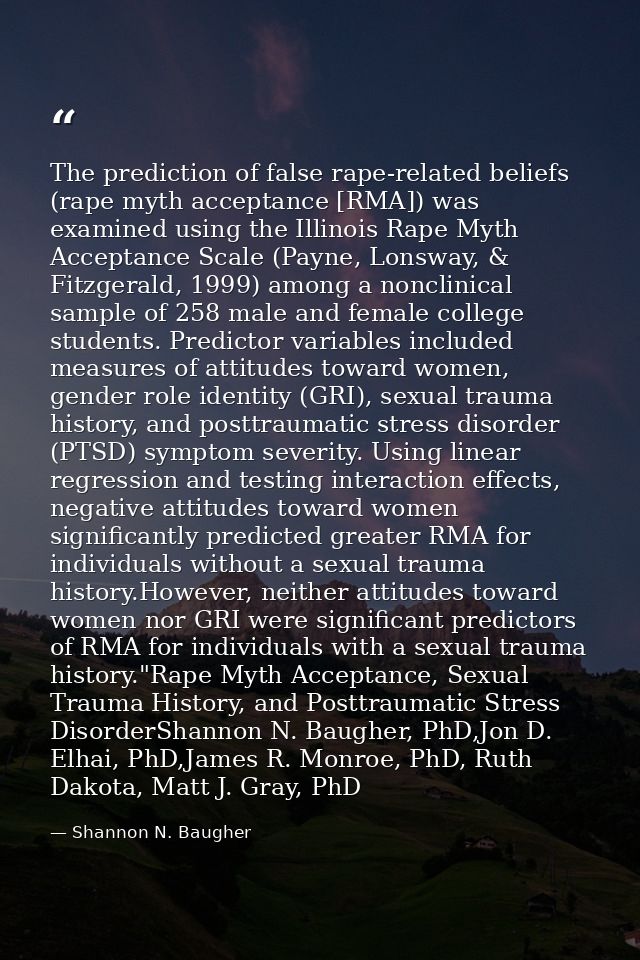 The prediction of false rape-related beliefs (rape myth acceptance [RMA]) was examined using the Illinois Rape Myth Acce — Shannon N. Baugher