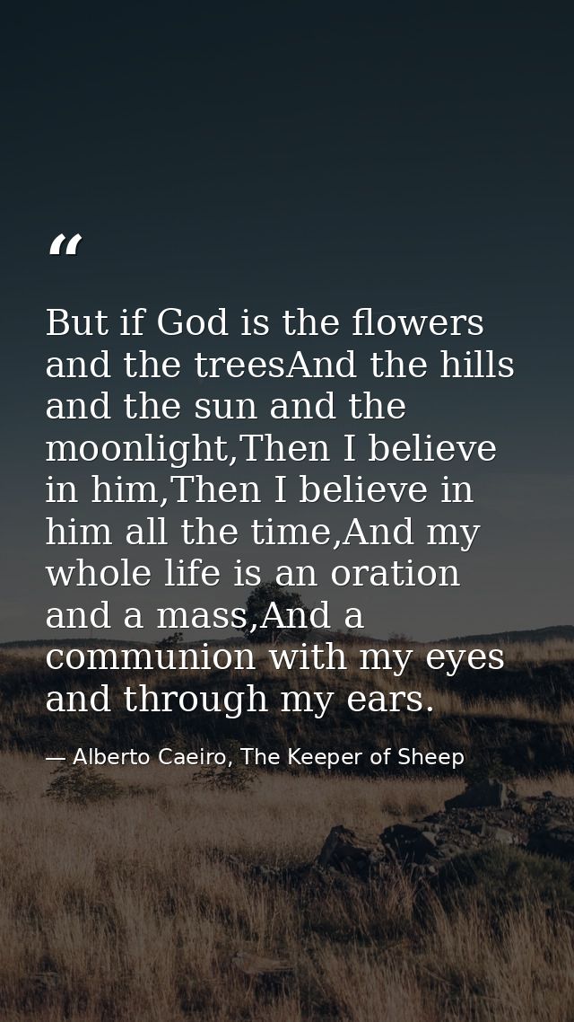 But if God is the flowers and the treesAnd the hills and the sun and the moonlight,Then I believe in him,Then I believe  — Alberto Caeiro, The Keeper of Sheep
