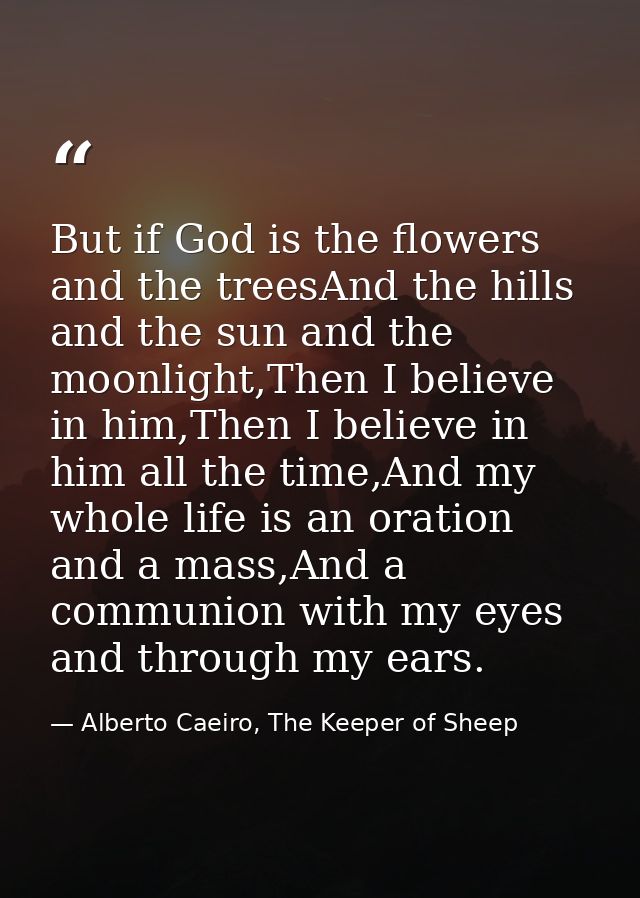 But if God is the flowers and the treesAnd the hills and the sun and the moonlight,Then I believe in him,Then I believe  — Alberto Caeiro, The Keeper of Sheep