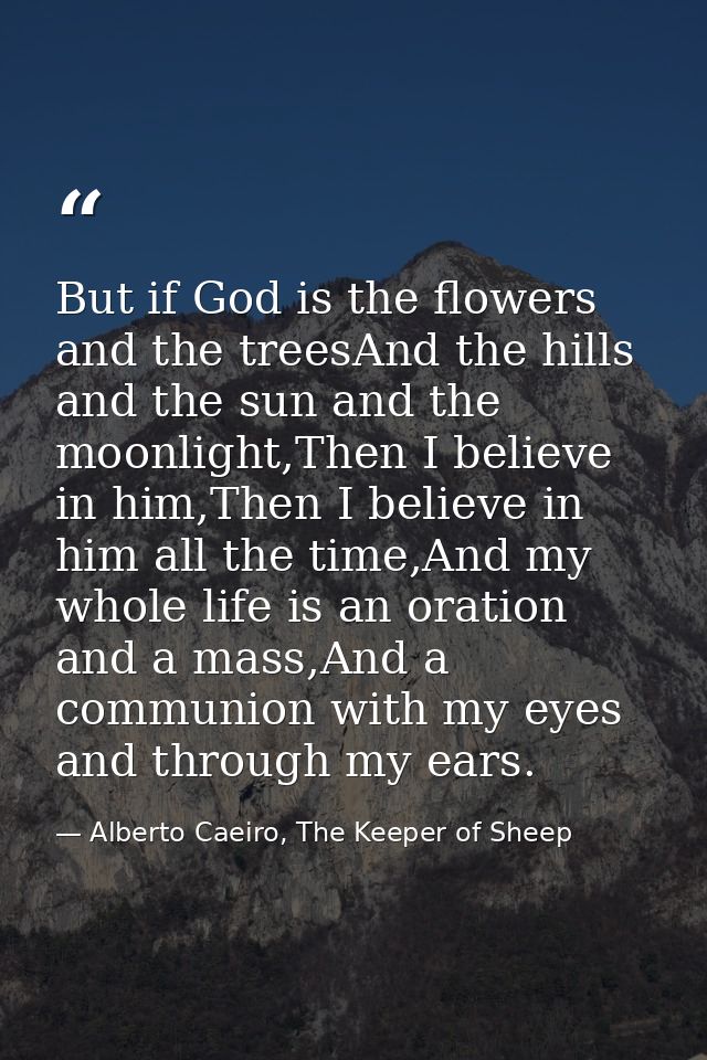 But if God is the flowers and the treesAnd the hills and the sun and the moonlight,Then I believe in him,Then I believe  — Alberto Caeiro, The Keeper of Sheep