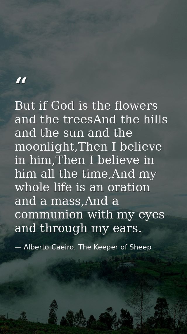 But if God is the flowers and the treesAnd the hills and the sun and the moonlight,Then I believe in him,Then I believe  — Alberto Caeiro, The Keeper of Sheep