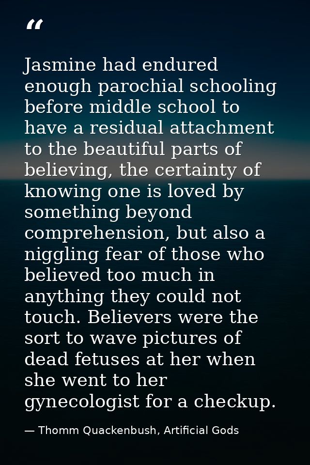 Jasmine had endured enough parochial schooling before middle school to have a residual attachment to the beautiful parts — Thomm Quackenbush, Artificial Gods
