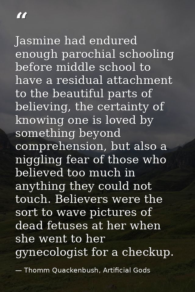 Jasmine had endured enough parochial schooling before middle school to have a residual attachment to the beautiful parts — Thomm Quackenbush, Artificial Gods