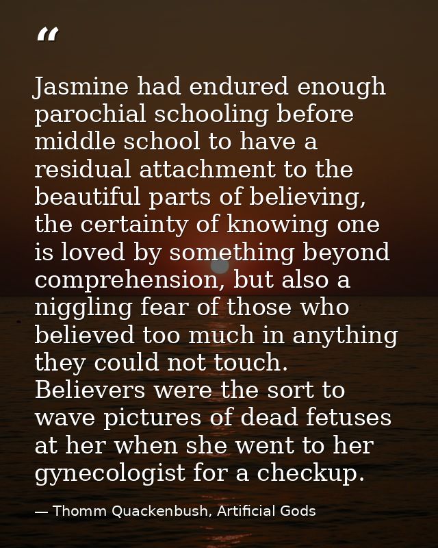 Jasmine had endured enough parochial schooling before middle school to have a residual attachment to the beautiful parts — Thomm Quackenbush, Artificial Gods