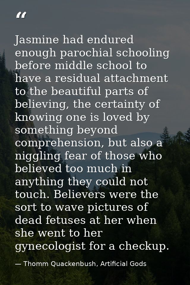Jasmine had endured enough parochial schooling before middle school to have a residual attachment to the beautiful parts — Thomm Quackenbush, Artificial Gods