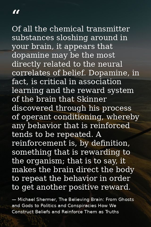 Of all the chemical transmitter substances sloshing around in your brain, it appears that dopamine may be the most direc — Michael Shermer, The Believing Brain: From Ghosts and Gods to Politics and Conspiracies How We Construct Beliefs and Reinforce Them as Truths