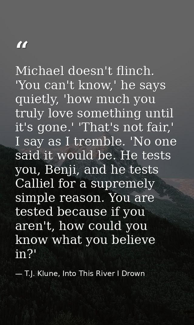 Michael doesn't flinch. 'You can't know,' he says quietly, 'how much you truly love something until it's gone.' 'That's  — T.J. Klune, Into This River I Drown