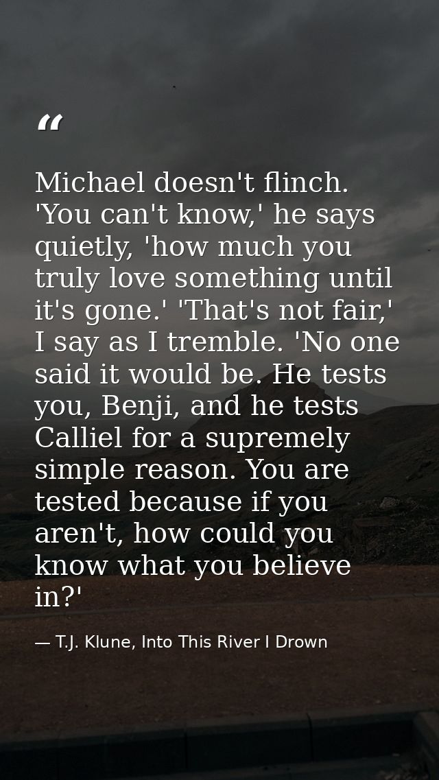 Michael doesn't flinch. 'You can't know,' he says quietly, 'how much you truly love something until it's gone.' 'That's  — T.J. Klune, Into This River I Drown
