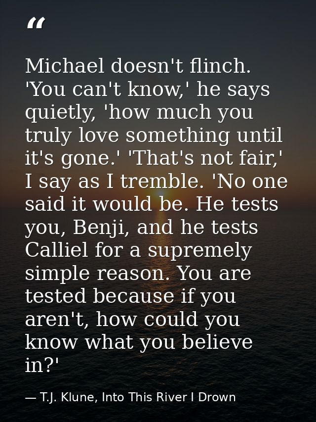 Michael doesn't flinch. 'You can't know,' he says quietly, 'how much you truly love something until it's gone.' 'That's  — T.J. Klune, Into This River I Drown
