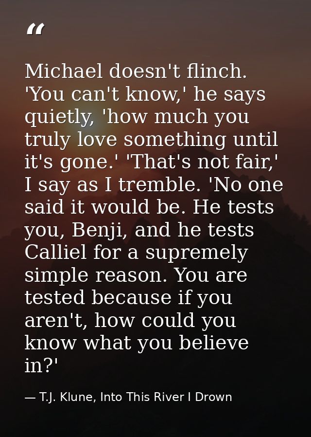 Michael doesn't flinch. 'You can't know,' he says quietly, 'how much you truly love something until it's gone.' 'That's  — T.J. Klune, Into This River I Drown